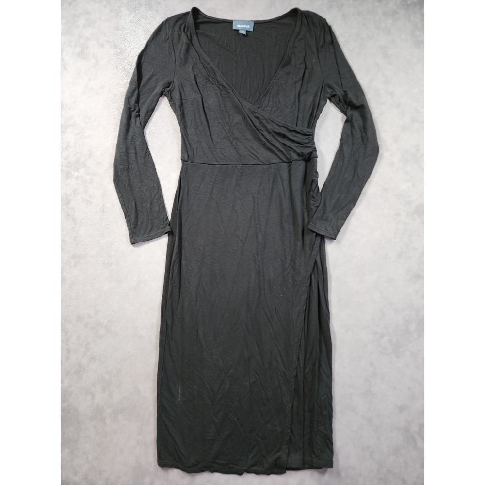 ModCloth Dress Womens M Black Faux Wrap V-Neck Long Sleeve Midi Ruched Stretch